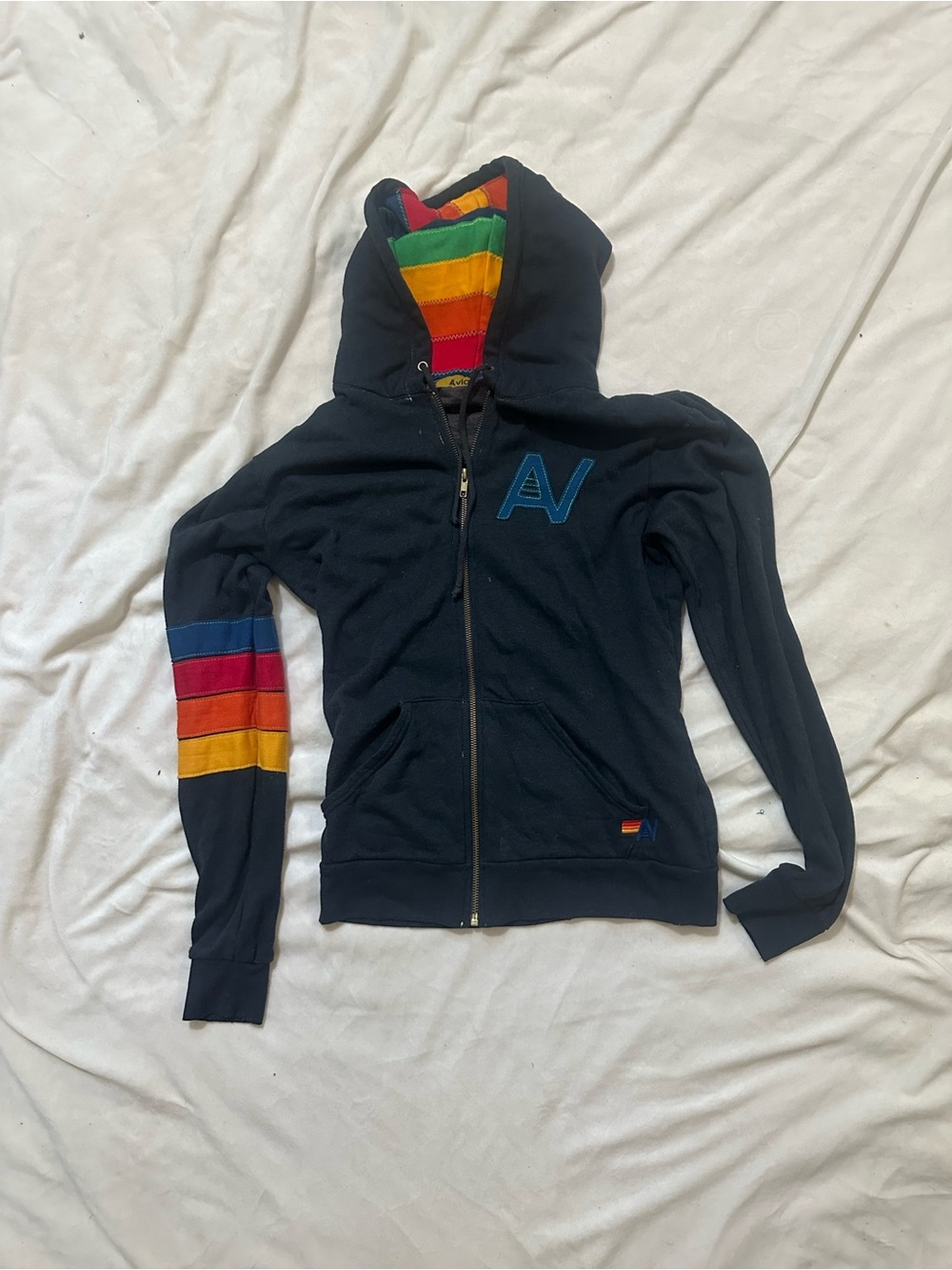 Aviator Nation Navy Hoodie with Rainbow Stripe Lining